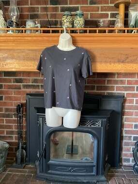 Rebellious One Charcoal Gray T-Shirt with Pink Rose Embroidery - Small